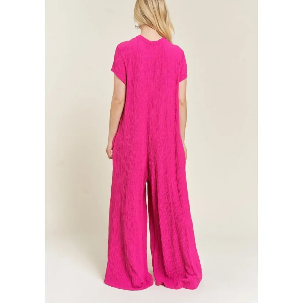 Jade by Jane XL Jumpsuit textured shirt sleeve‎ fushia NWOT - Picture 3 of 10